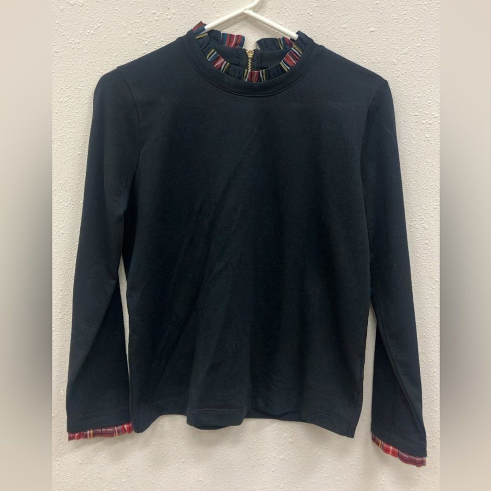 J. Crew Black Long Sleeve Top with Plaid Collar XS Preppy Academia School girl #